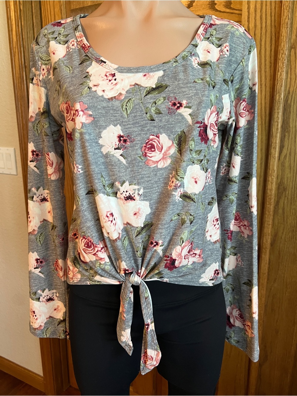 Justify Gray Long Sleeve Floral Tie-Front Top